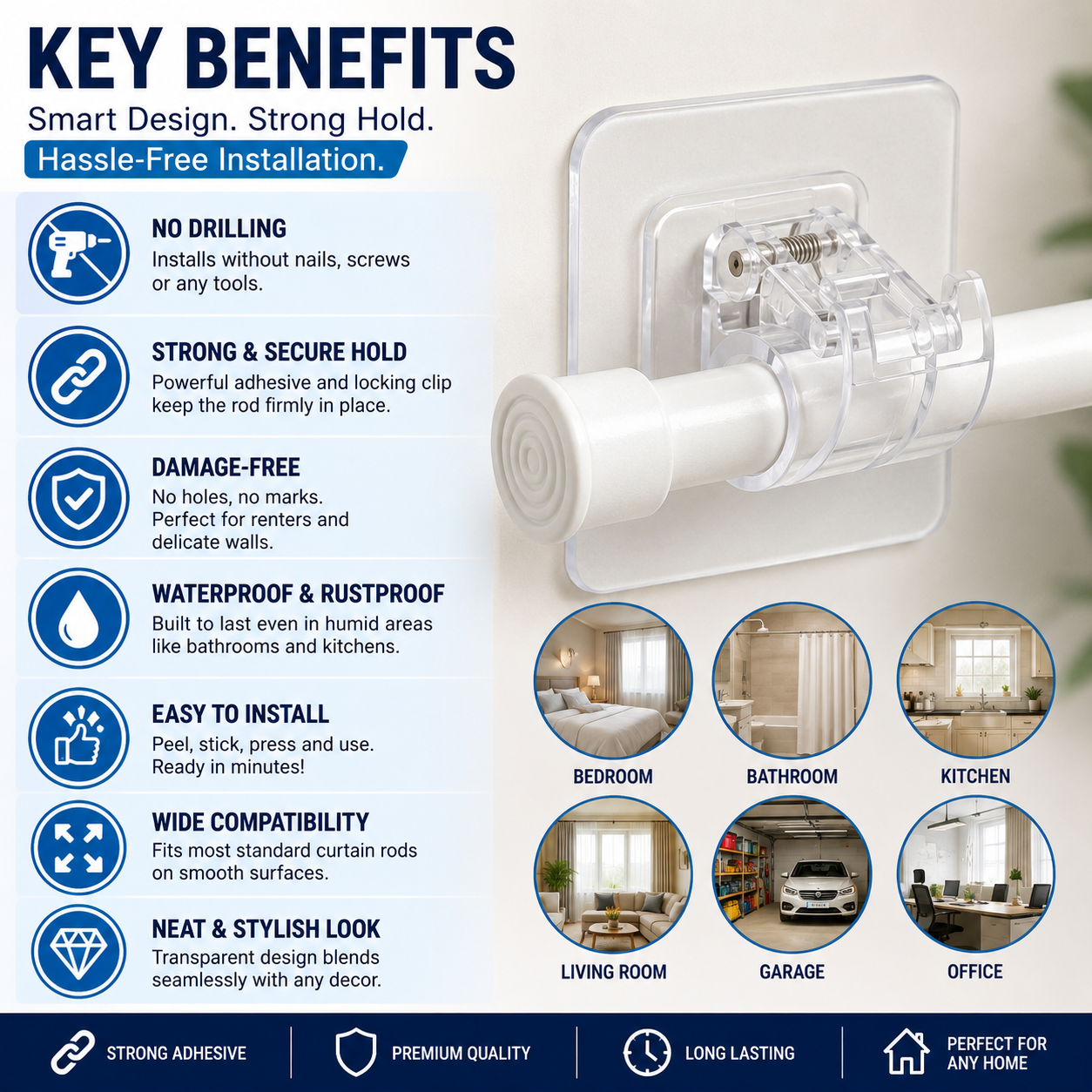 No-Drill Self-Adhesive Curtain Rod Holder